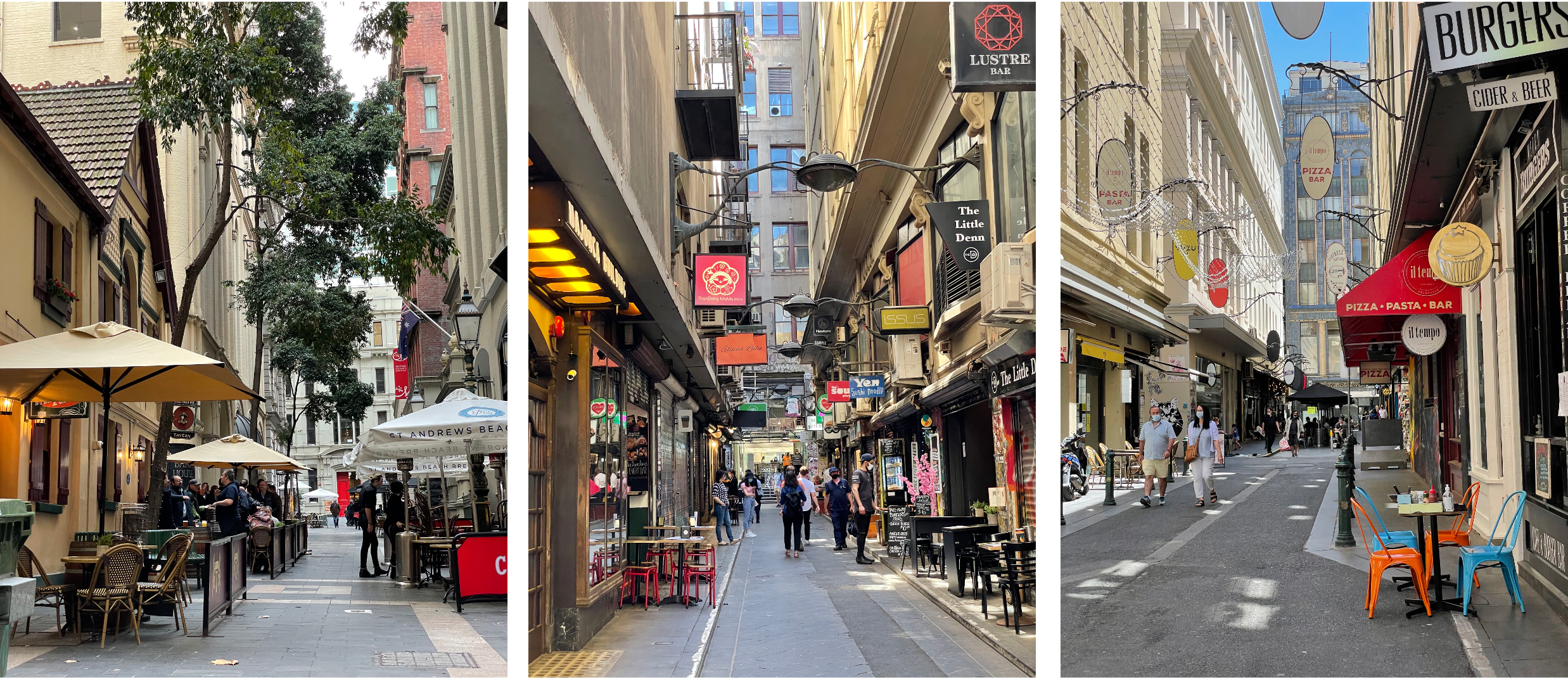 Public life in three of central Melbourne's laneways, with outdoor dining, small shopfronts and pedestrians