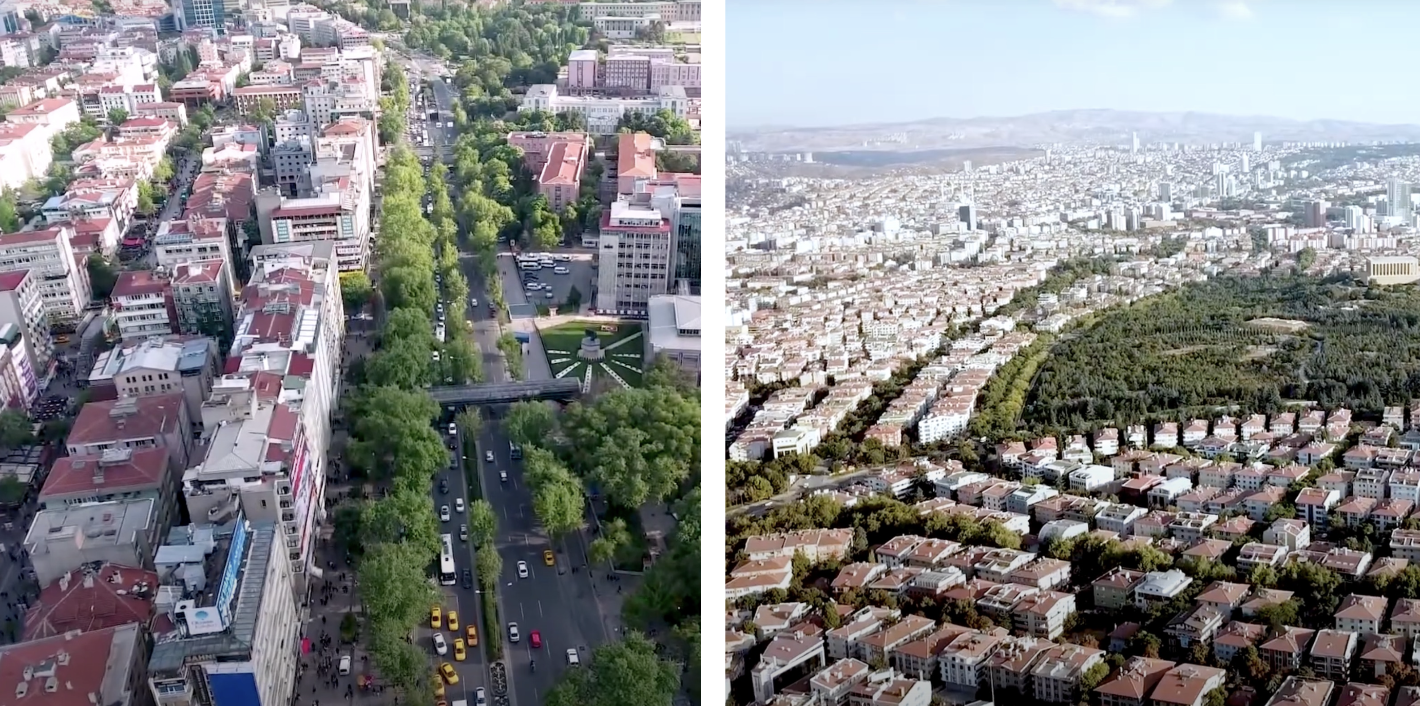 Contrasting urban fabrics in Ankara: a tree-lined inner-city boulevard with fine-grained blocks (left) and a dense low-rise residential neighbourhood with limited open space (right)