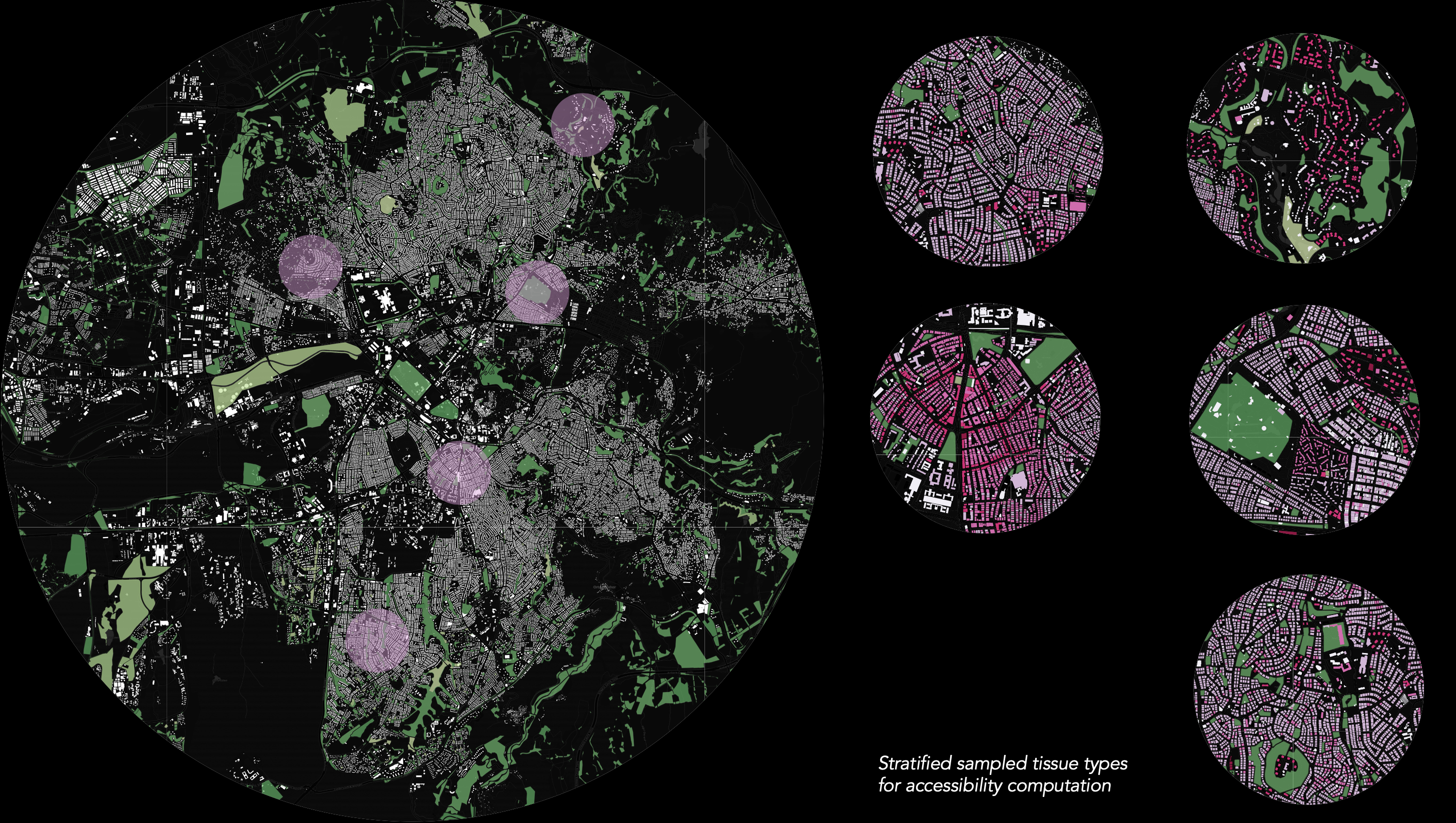 Stratified sampling of urban tissue types across Ankara for accessibility computation, showing the metropolitan area with highlighted sample zones and detailed morphological views