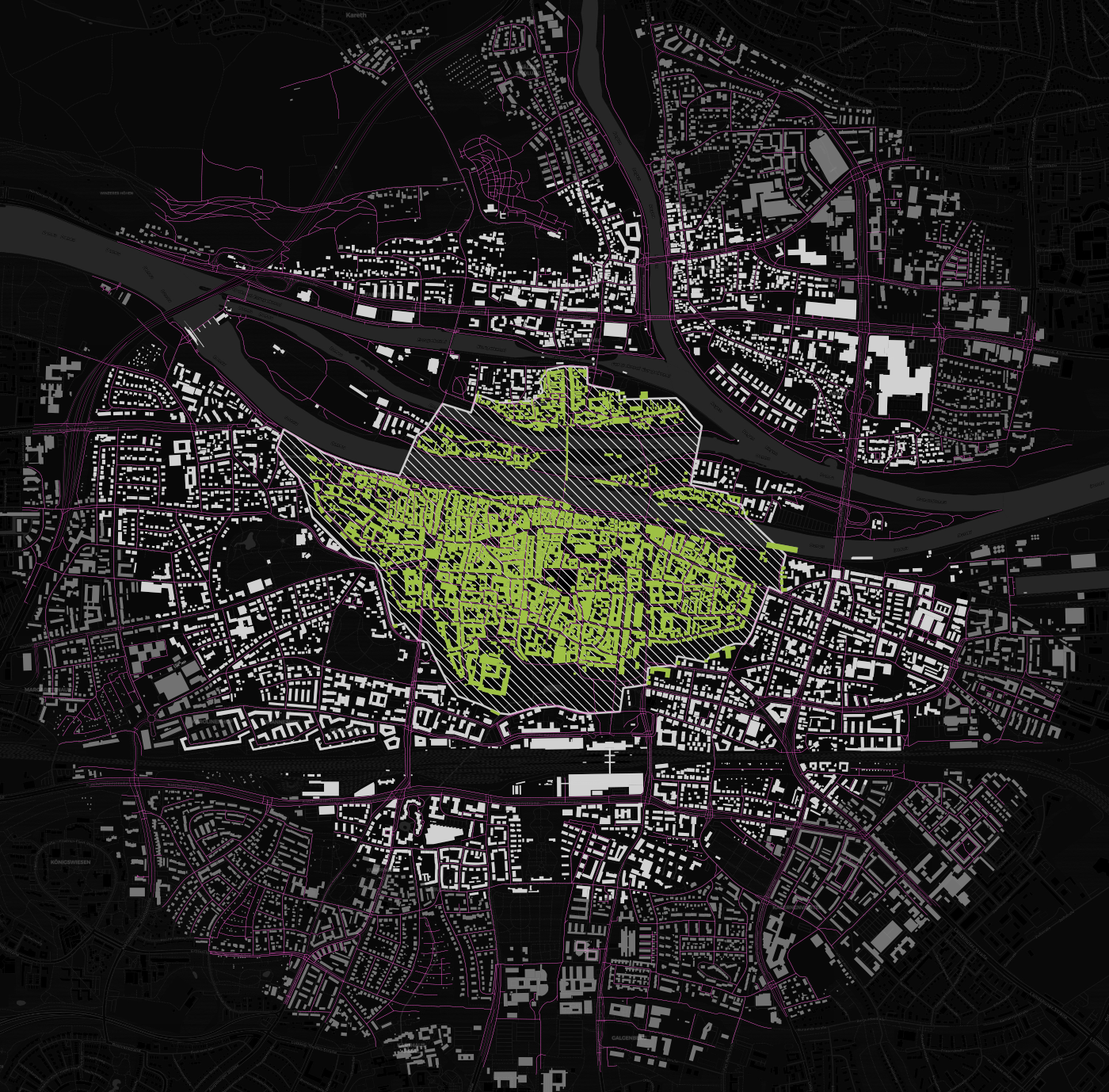 Morphometric analysis of a UNESCO World Heritage site showing heritage buildings highlighted within their surrounding urban context